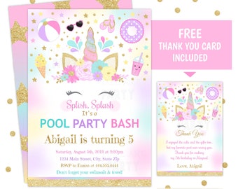 Unicorn Pool Party Invitation, Unicorn Pool Party, Pool Party Invitation, id: m10586