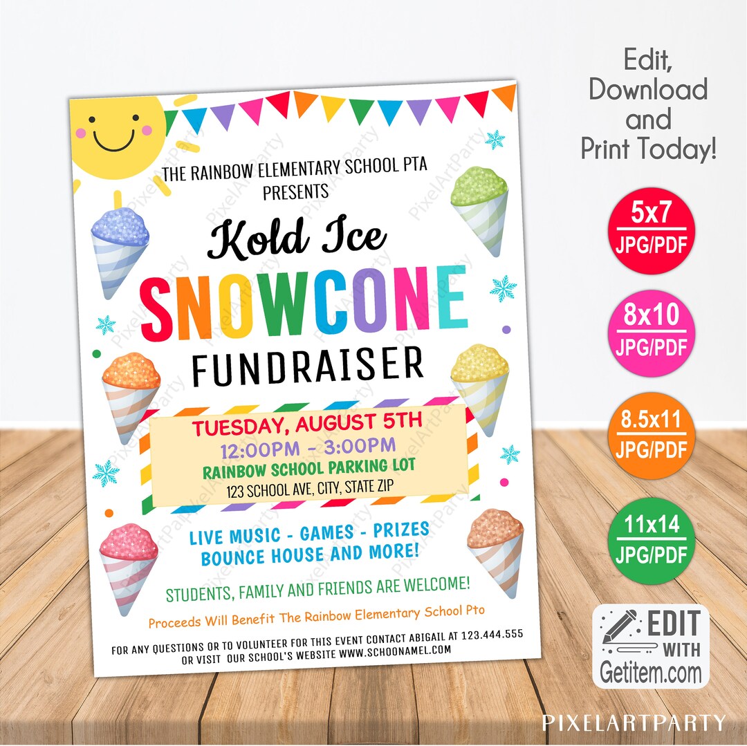 EDITABLE Snowcone Fundraiser Flyer Ice Cream Party Invite Appreciation ...