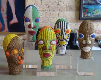African Beaded Head – BAMILEKE Sculpture – Clay and Beads Figurine