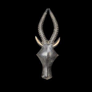 Puede incluir: Una máscara de madera tallada en forma de cabeza de antílope. La máscara está pintada de negro con detalles blancos y tiene cuernos largos y curvos.