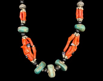 Antique Berber Necklace of Coral, Silver, Cornelian