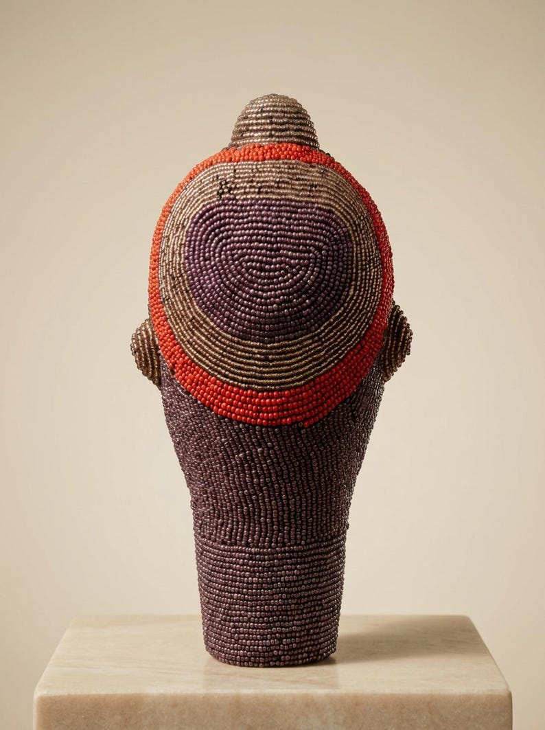 Bamileke Beaded Head 22 cm, Female | Aubergine & Ember Glass Bead Sculpture | Living Room Decor, Housewarming Gift | Anya No.5 image 3