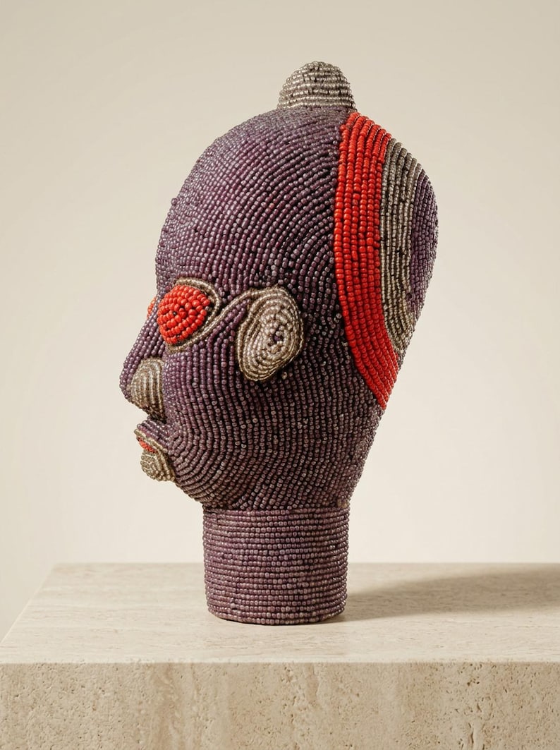 Bamileke Beaded Head 22 cm, Female | Aubergine & Ember Glass Bead Sculpture | Living Room Decor, Housewarming Gift | Anya No.5 image 2