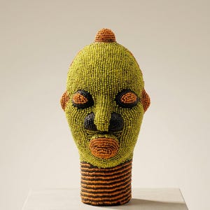 African Beaded Head Sculpture, Bookshelf Decor | Bamileke Clay & Glass Beads 22 cm, Female | Eclectic Living Room Art | Nara No.1 image 2