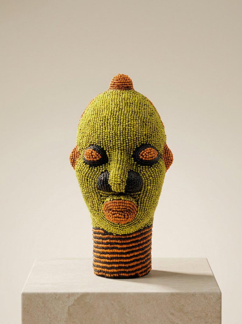 African Beaded Head Sculpture, Bookshelf Decor | Bamileke Clay & Glass Beads 22 cm, Female | Eclectic Living Room Art | Nara No.1 image 2