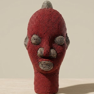 Bamileke Beaded Head 22 cm, Female | Crimson & Silver Glass Bead Sculpture | Living Room Decor, Housewarming Gift | Ngum No.4 image 1