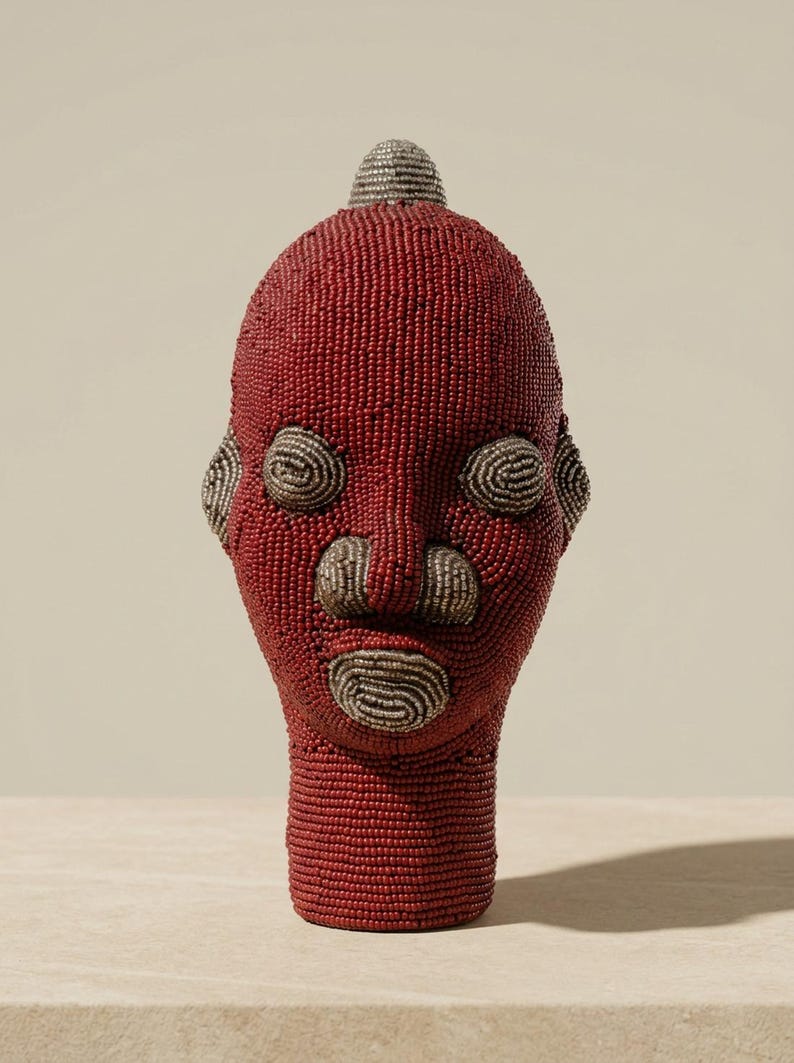 Bamileke Beaded Head 22 cm, Female | Crimson & Silver Glass Bead Sculpture | Living Room Decor, Housewarming Gift | Ngum No.4 image 1