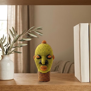 African Beaded Head Sculpture, Bookshelf Decor | Bamileke Clay & Glass Beads 22 cm, Female | Eclectic Living Room Art | Nara No.1 image 1