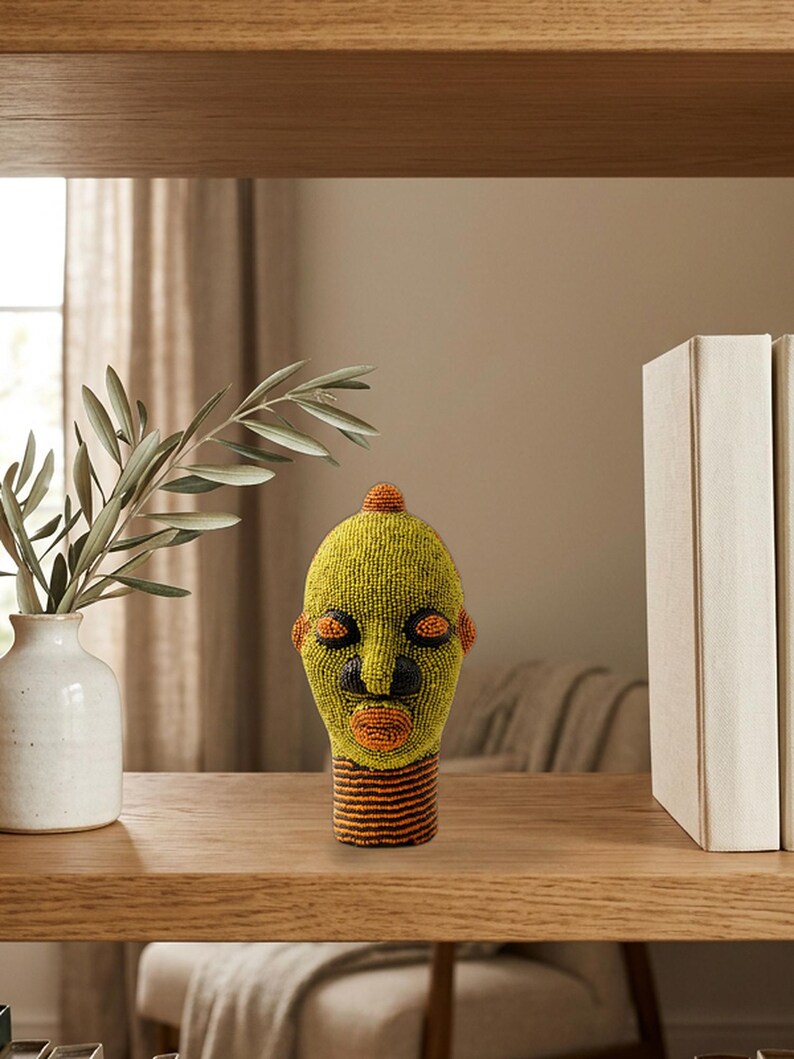 African Beaded Head Sculpture, Bookshelf Decor | Bamileke Clay & Glass Beads 22 cm, Female | Eclectic Living Room Art | Nara No.1 image 1