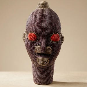 Bamileke Beaded Head 22 cm, Female | Aubergine & Ember Glass Bead Sculpture | Living Room Decor, Housewarming Gift | Anya No.5 image 1