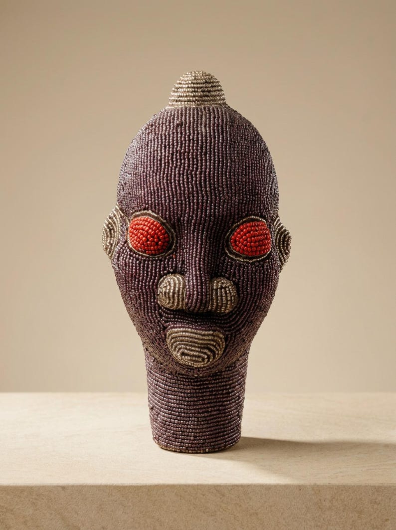 Bamileke Beaded Head 22 cm, Female | Aubergine & Ember Glass Bead Sculpture | Living Room Decor, Housewarming Gift | Anya No.5 image 1