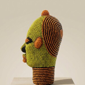 African Beaded Head Sculpture, Bookshelf Decor | Bamileke Clay & Glass Beads 22 cm, Female | Eclectic Living Room Art | Nara No.1 image 3