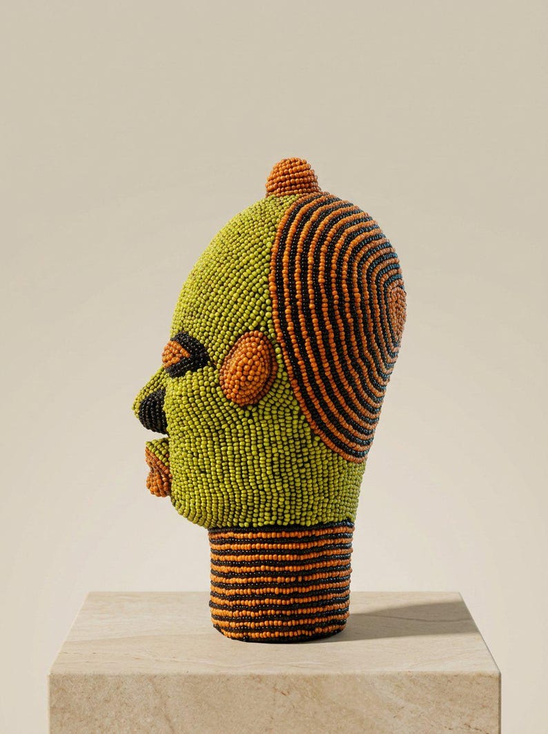African Beaded Head Sculpture, Bookshelf Decor | Bamileke Clay & Glass Beads 22 cm, Female | Eclectic Living Room Art | Nara No.1 image 3