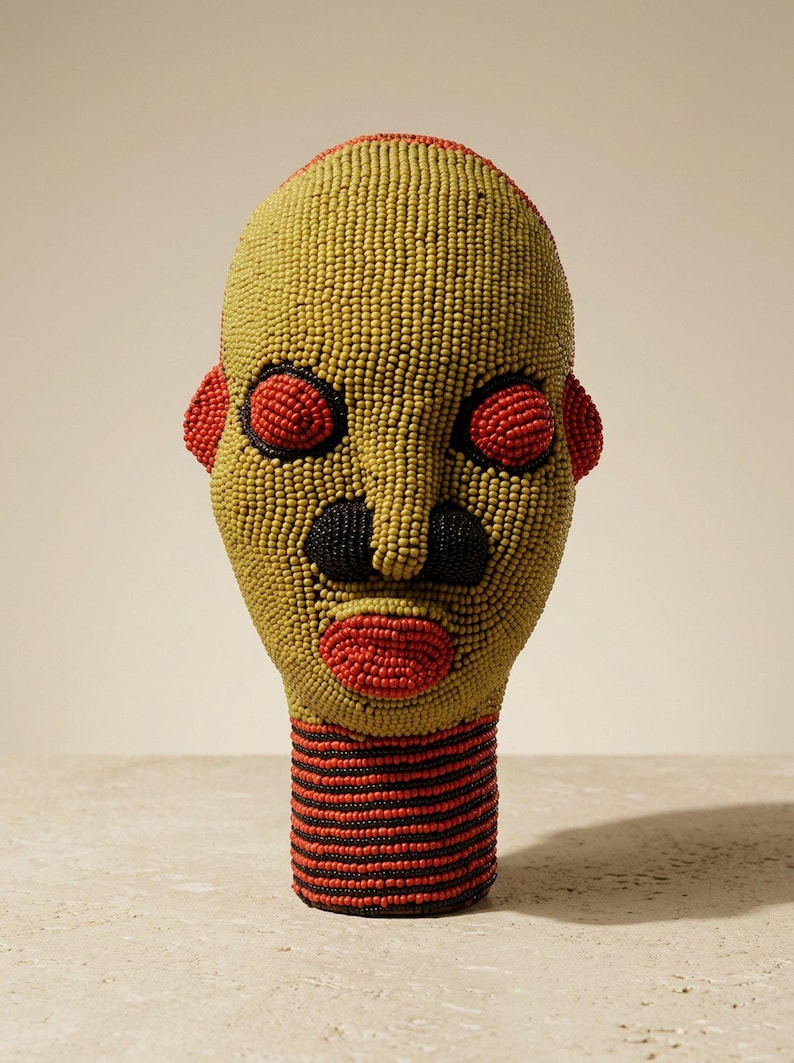Cabeza Bamileke con cuentas de 22 cm, masculina / Escultura de cuentas de vidrio color oliva y rojo coral / Decoración para sala de estar, regalo de inauguración de casa / Sefo No. 6 imagen 1