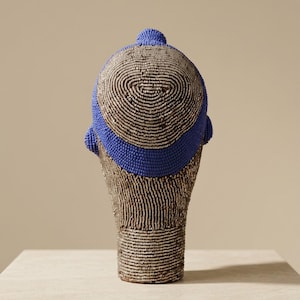 Bamileke Beaded Head 22 cm, Female | Silver & Lapis Blue Glass Bead Sculpture | Living Room Decor, Housewarming Gift | Mafo No.2 image 3