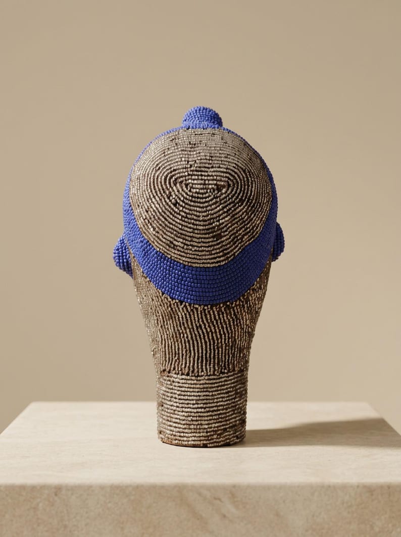 Bamileke Beaded Head 22 cm, Female | Silver & Lapis Blue Glass Bead Sculpture | Living Room Decor, Housewarming Gift | Mafo No.2 image 3