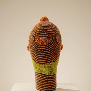 African Beaded Head Sculpture, Bookshelf Decor | Bamileke Clay & Glass Beads 22 cm, Female | Eclectic Living Room Art | Nara No.1 image 4
