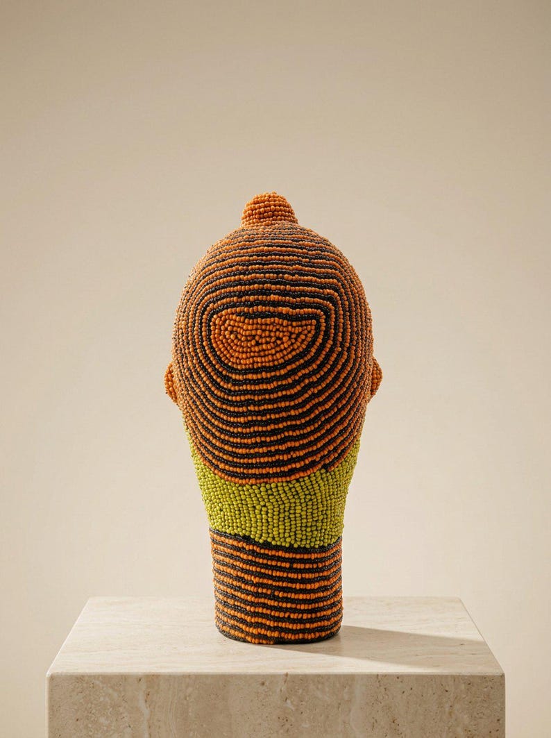African Beaded Head Sculpture, Bookshelf Decor | Bamileke Clay & Glass Beads 22 cm, Female | Eclectic Living Room Art | Nara No.1 image 4