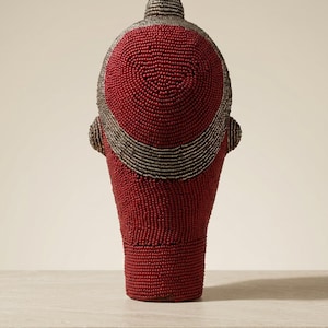 Bamileke Beaded Head 22 cm, Female | Crimson & Silver Glass Bead Sculpture | Living Room Decor, Housewarming Gift | Ngum No.4 image 3