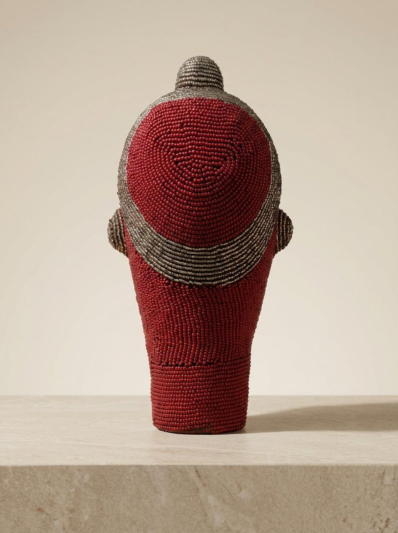 Bamileke Beaded Head 22 cm, Female | Crimson & Silver Glass Bead Sculpture | Living Room Decor, Housewarming Gift | Ngum No.4 image 3