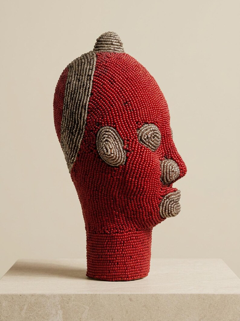 Bamileke Beaded Head 22 cm, Female | Crimson & Silver Glass Bead Sculpture | Living Room Decor, Housewarming Gift | Ngum No.4 image 2