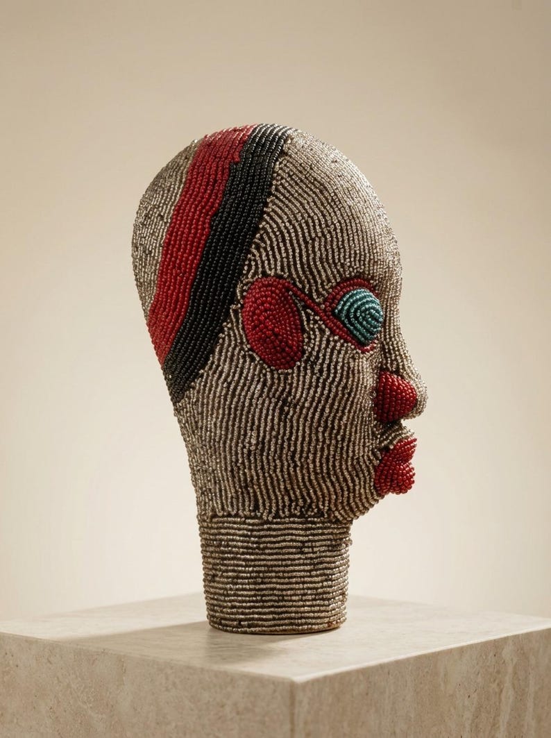 Cabeça Bamileke com Contas de Vidro, 22 cm, Masculina | Escultura em Contas de Vidro Prateadas, Carmim e Azul-petróleo | Decoração para Sala de Estar, Presente de Inauguração | Sirri No.3 imagem 2