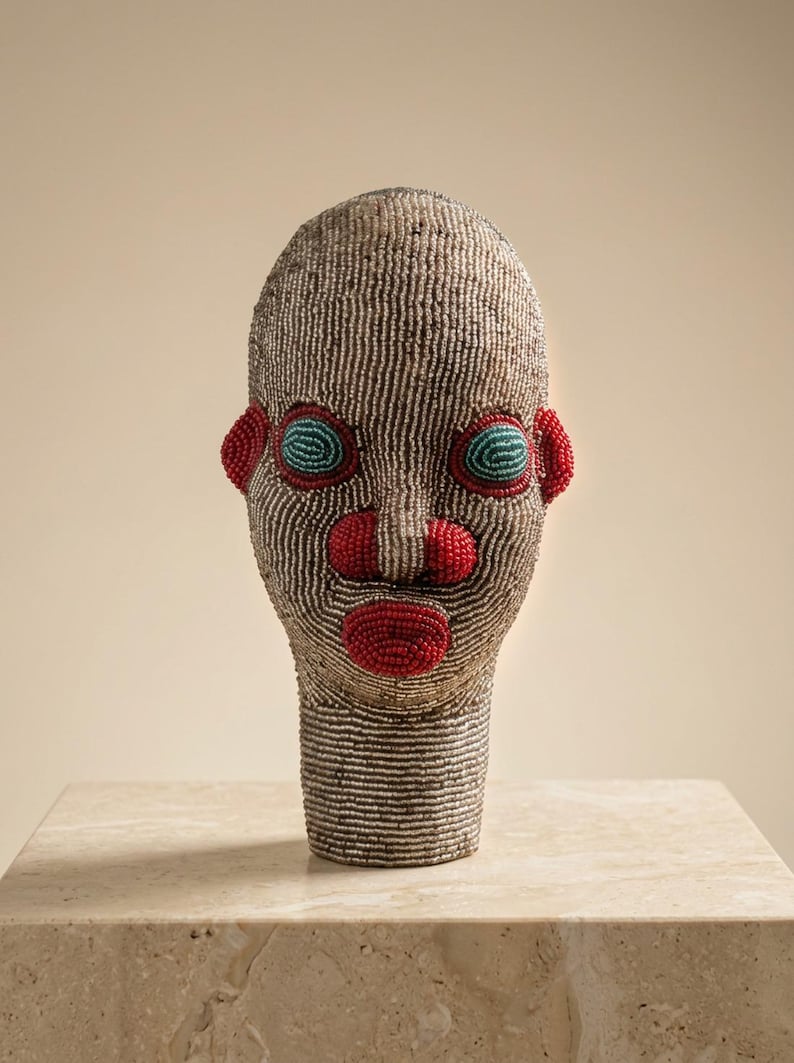 Cabeça Bamileke com Contas de Vidro, 22 cm, Masculina | Escultura em Contas de Vidro Prateadas, Carmim e Azul-petróleo | Decoração para Sala de Estar, Presente de Inauguração | Sirri No.3 imagem 1