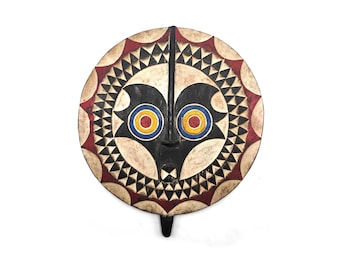 Baule Tribe Moon Mask | Carved Sese Wood, Hand-Painted African Wall Art, Housewarming Gift