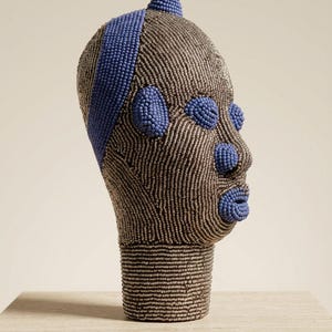 Bamileke Beaded Head 22 cm, Female | Silver & Lapis Blue Glass Bead Sculpture | Living Room Decor, Housewarming Gift | Mafo No.2 image 2