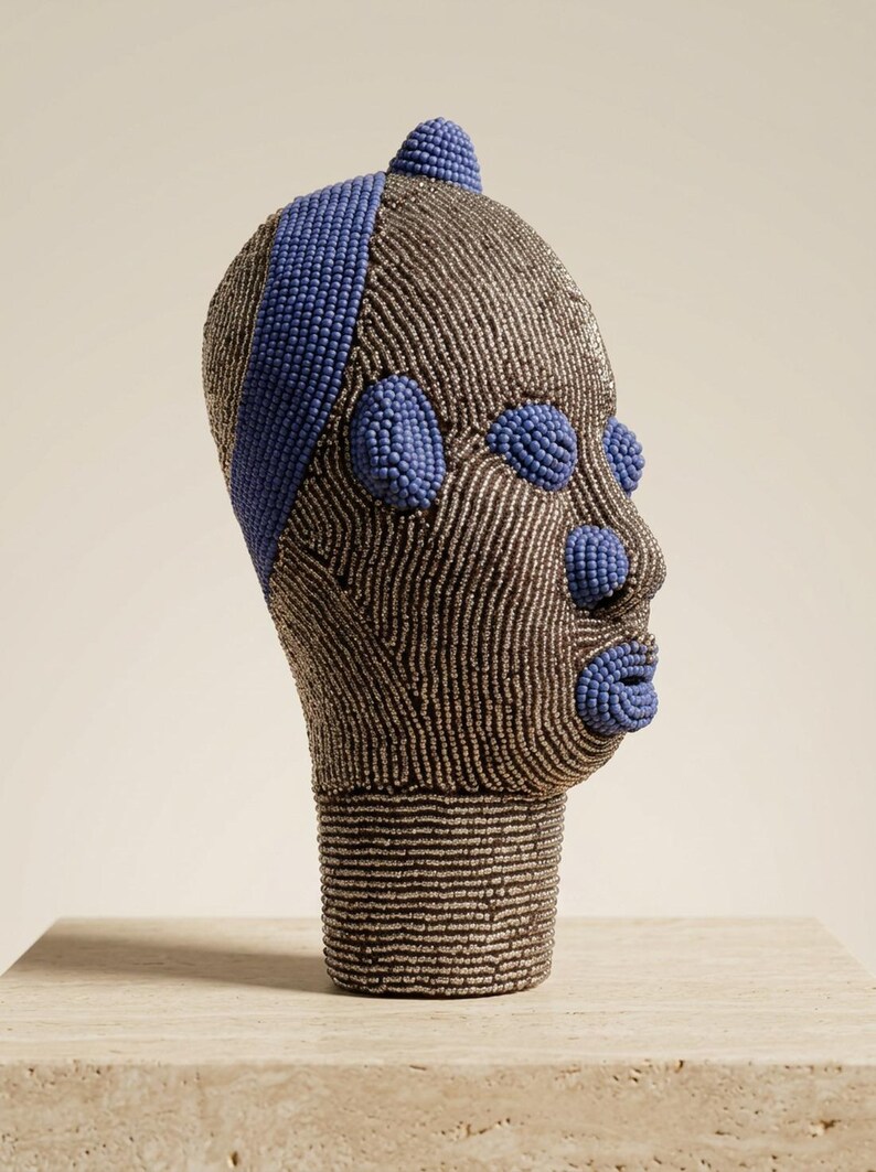 Bamileke Beaded Head 22 cm, Female | Silver & Lapis Blue Glass Bead Sculpture | Living Room Decor, Housewarming Gift | Mafo No.2 image 2