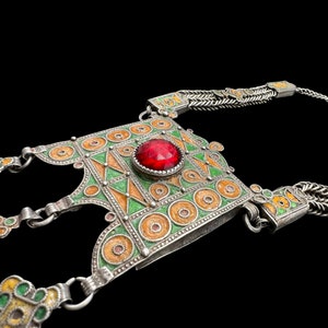 Silver, Coral & Enamel Pendant, OLD Moroccan Jewellery,Vintage Ethnic Jewellery 173 g