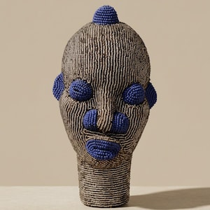 Bamileke Beaded Head 22 cm, Female | Silver & Lapis Blue Glass Bead Sculpture | Living Room Decor, Housewarming Gift | Mafo No.2 image 1