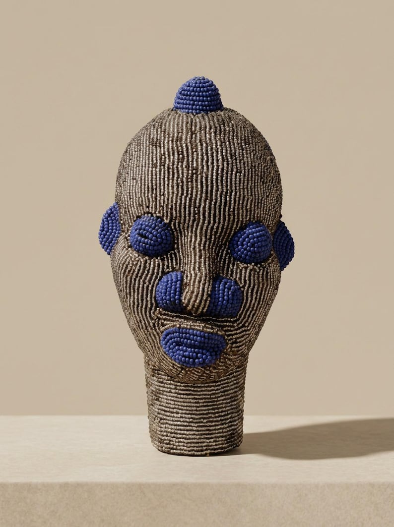 Bamileke Beaded Head 22 cm, Female | Silver & Lapis Blue Glass Bead Sculpture | Living Room Decor, Housewarming Gift | Mafo No.2 image 1