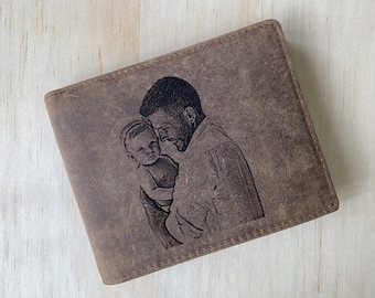 Engraved Photo Wallet For Him, Fathers Day Gift From Daughter, Anniversary Birthday Christmas Gifts For Him From Her, Brown Leather Wallet