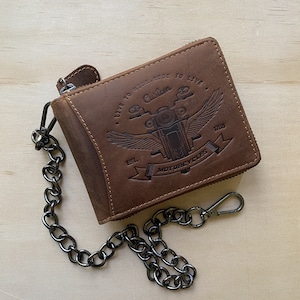 Cartera de cuero marrón para motorista con cadena para hombre de Riders: billetera hecha a mano de cuero Hunter, con protección RFID y cremallera para motociclistas