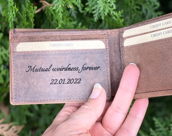 Personalised Handwriting Engraved Leather Wallet For Him, Custom Message Gift For Him, Christmas Anniversary Birthday Gift From Her