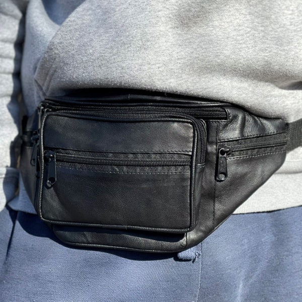 Leather Fanny Pack For Men, Bum bag, Black Leather Hip Waist bag, Birthday Anniversary Gift For Him From Her, Fathers Day Gift From Daughter