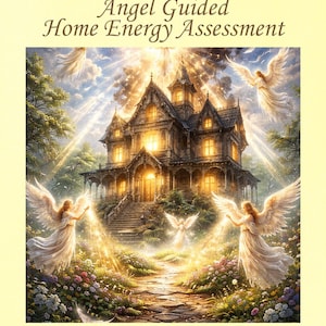 May include: A digital illustration featuring a large, multi-story house with glowing windows, surrounded by four winged figures in white robes. The text reads: Angel Guided Home Energy Assessment, @moonwitch2112, Certified KTF Practitioner, Psychic Medium, Astrologer, Intuitive Guide, Soulful Navigator.
