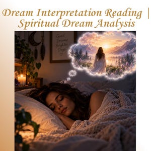 May include: A digital graphic titled Dream Interpretation Reading | Spiritual Dream Analysis featuring a person sleeping in bed with a thought bubble showing a sunrise over mountains and a figure in a white dress, with text @moonwitch2112 below.