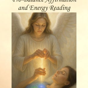 May include: A digital illustration featuring a winged figure in white robes hovering over a reclining person. The figure emits a golden light from their hands toward the person's chest. Text reads: Pro-Balance Affirmation and Energy Reading @moonwitch2112.