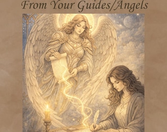 May include: An illustration featuring a winged angel in armor holding a scroll, with a glowing light connecting to a person writing in a book with a quill. Text reads: Channeled Message From Your Guides/Angels and @moonwitch2112 Certified KTF Practitioner, Psychic Medium, Astrologer, Intuitive Guide, Soulful Navigator.