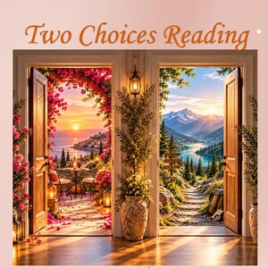 May include: Two open wooden doors reveal two distinct landscapes. The left shows a sunset over a sea with pink flowers and a patio table. The right shows a mountain range with a forest path. Text reads Two Choices Reading and @moonwitch2112.