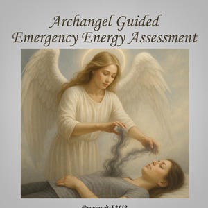 Peut inclure: Une illustration numérique montrant un ange aux grandes ailes blanches et auréole au-dessus d'une personne allongée. L'ange retire des volutes sombres. Texte : Archangel Guided Emergency Energy Assessment, @moonwitch2112, Certified KTF Practitioner, Psychic Medium, Astrologer, Intuitive Guide, Soulful Navigator.