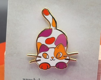 Lesbian Purride Calico Cat Hard Enamel Pin in Orange Lesbian Pride Flag Colors | Chibi Neko LGBTQ+ Subtle Pride Jewelry…