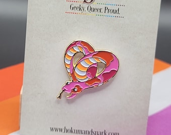 Subtle Lesbian Pride Pin | Heart-Shaped Snake Enamel Pin in Sunset Lesbian Flag Colors | LGBTQ+ Danger Noodle