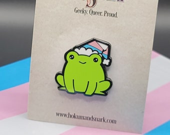 Trans Frog Pin | Chibi Transgender Frog Wearing Beanie with LGBTQ Trans Pride Flag Colors | Subtle Pride Gay Frog Enamel Pin