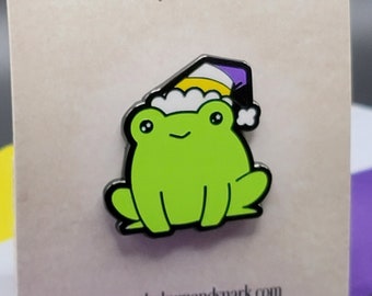 Nonbinary Frog Pin | *FREE SHIPPING* Chibi LGBTQ Pride Frog Enamel Pin in Nonbinary Pride Flag Beanie or Santa Hat | Gay Christmas