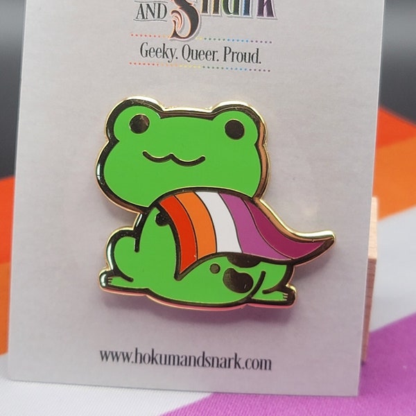 Lesbian Pride Frog Pin | Chibi Queer Lesbian Frog Enamel Pin with WLW Sunset Lesbian Flag Cape | Pride Jewelry Pride Accessories LGBT Pins