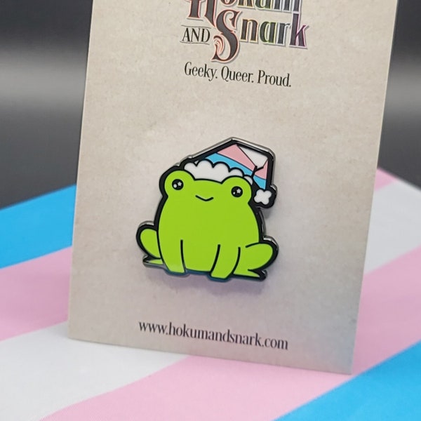 Trans Frog Pin | Chibi Transgender Frog Wearing Beanie with LGBTQ Trans Pride Flag Colors | Subtle Pride Gay Frog Enamel Pin