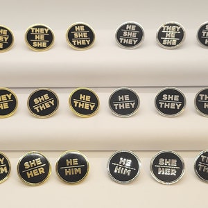 Bulk Discount Pronoun Pins Mix and Match Gold or Silver | Round All Caps Pronoun Badge for Work, Weddings, Conferences, Schools, Healthcare